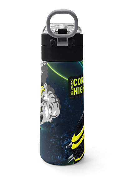Coral High Kids Nefti Highlighter Yellow Car Patterned Steel Thermos with Straw and Direct Drinking 500 ml 31834