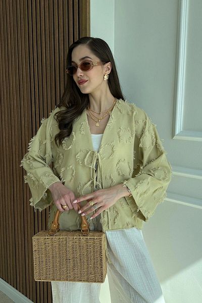 Le Savu Shilsee Tie-Dye Kimono with Tassel Detail Green