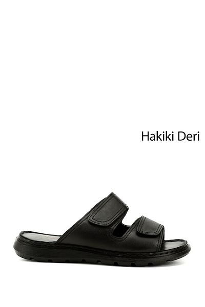 GÖNDERİ(R) Men's Black Double Velcro Genuine Leather Comfort Slippers