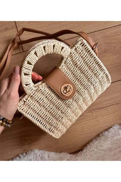 Genel Markalar Kadın El Yapımı Kapaklı Hasır Çanta - Bej Rattan Kutulu Model ...