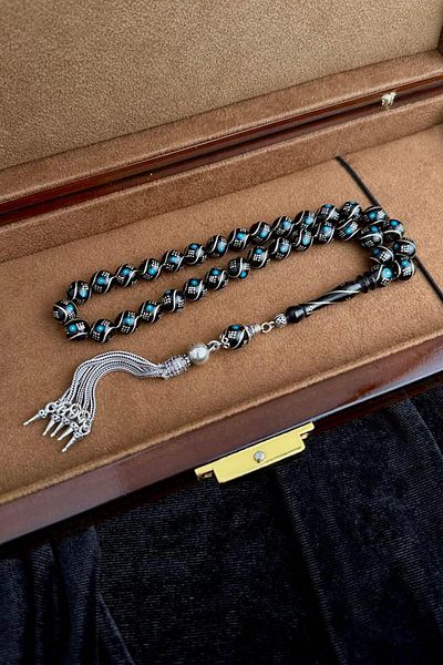 dergah tesbih Special Silver Tulip Motif Tassel, Turquoise Silver Embroidered Oltu Stone Rosary