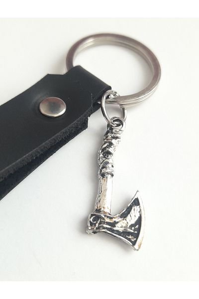 AB Takı Axe Symbol Fashion Black Real Leather Keychain