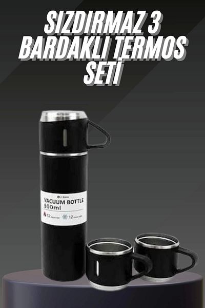 CPU ELEKTRONİK Stainless steel thermos set with 3 cups vacuum thermos set 500 ml up to 12 hours heat preservation