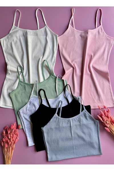 Elosia Libre Line |   6-Piece Ribbed Thread Strap Cotton Undershirt-Blouse
