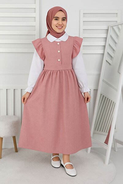 ARBİ kids Ленена рокля за момиче, двоен дълъг хиджаб костюм