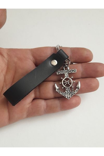 AB Takı Sailor Anchor Symbol Fashion Black Real Leather Keychain