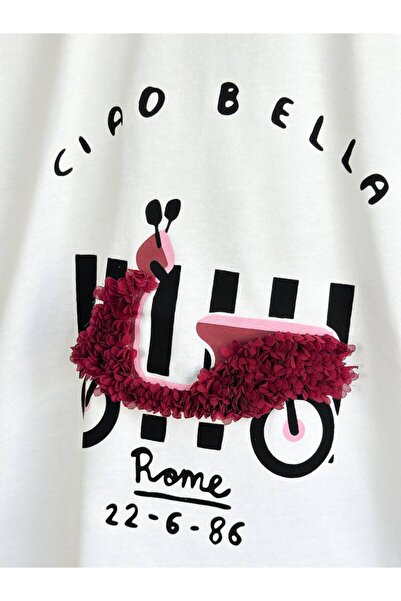 KidsSel New Season Girl's Cotton White Printed Tshirt and Burgundy Striped Trousers Set