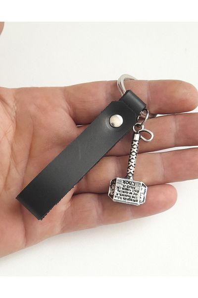 AB Takı Thor Hammer Axe Symbol Fashion Black Real Leather Keychain