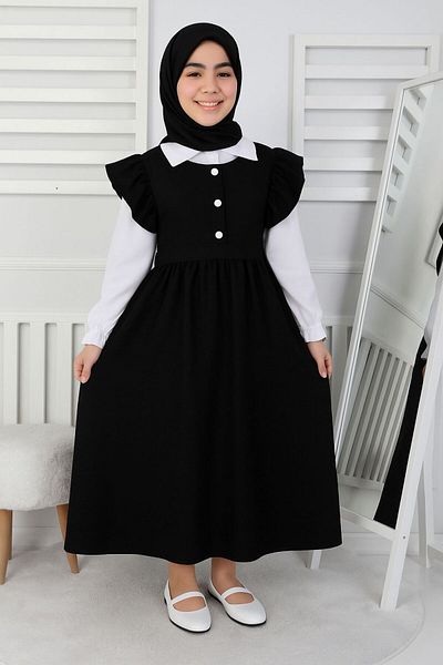 ARBİ kids Rochie de in pentru fata cu camasa set dublu lung hijab