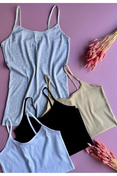 Elosia Libre Line |   4-Piece Black, Gray, Tan and White Cotton Ribbed Thread Strap Undershirt-Blouse