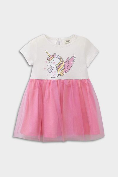 DeFacto Baby Girl Unicorn Printed Short Sleeve Tulle Dress E8723A525Sm