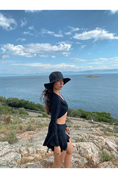 Clothesfast Flora Black Woven Ruffle Blouse Shorts Beach Suit Pareo