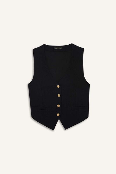 DeFacto Crop V-Neck Linen Blend Blazer Black Vest C7798Ax25Sm