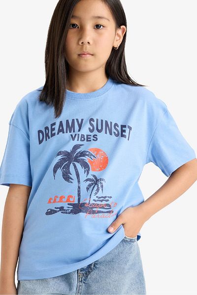 DeFacto Tricou cu mânecă scurtă imprimat pentru fete, cu decolteu relaxat, E0390a825sm