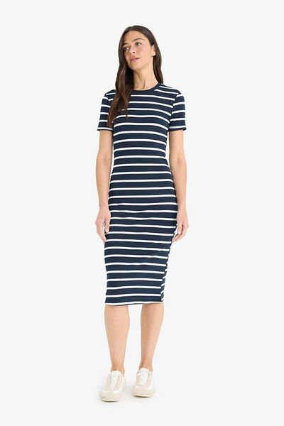 DeFacto Bodycon Bodycon που αγκαλιάζει τον κορμό με ριγέ καμιζόλα με κοντό μανίκι Midi καλοκαιρινό φόρεμα E8988AX25S