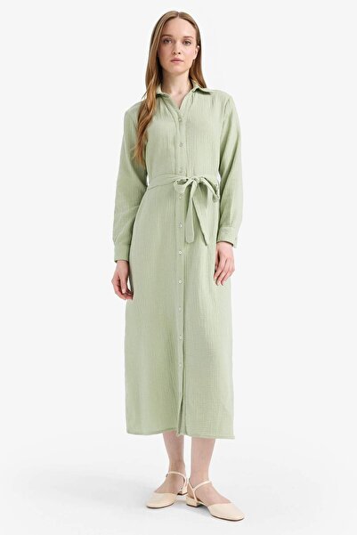 DeFacto Shirt Collar Belted Muslin Long Sleeve Maxi Dress D9633Ax25Sm