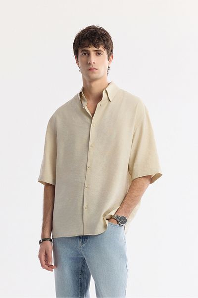 Avva Men's Beige Bottom Brit Collar Jacquard Short Sleeve Shirt A51Y2119