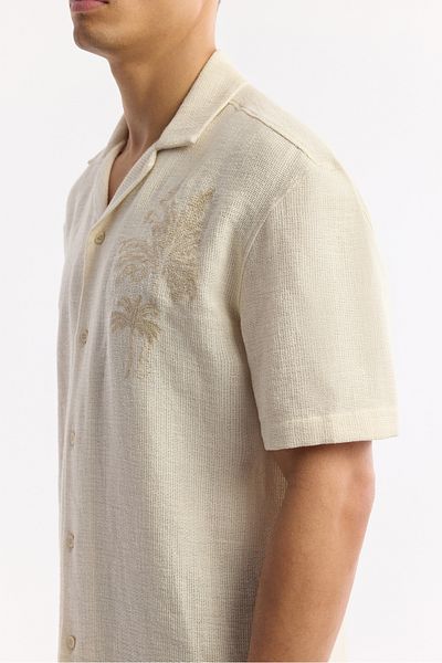 Avva Men's Beige Apaj Collar Linen Blended Etamine Textured Short Sleeve Shirt A51Y2075