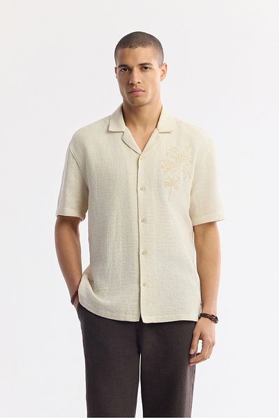 Avva Men's Beige Apaj Collar Linen Blended Etamine Textured Short Sleeve Shirt A51Y2075