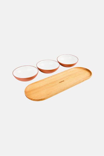 Earth 3 Pcs Small Serving Bowls And Wooden Tray Set 200 ml, Brown