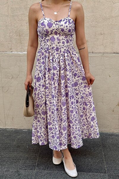 Swist Rochie midi de damă cu bretele mov și model floral cu pernă pentru piept