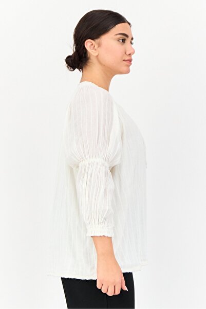 aerie Women Split Neck Long Sleeve Textured Blouse, White