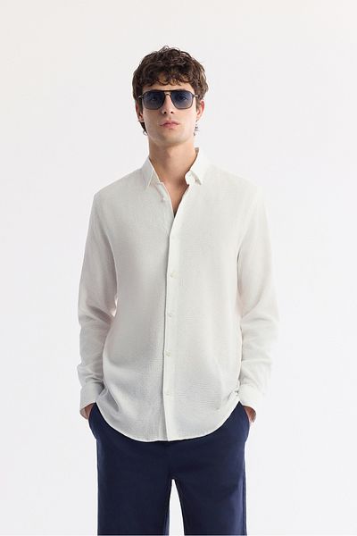 Avva Men's White Bottom Brit Collar Viscose Blended Jacquard Shirt A51Y2044