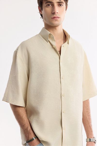 Avva Men's Beige Bottom Brit Collar Jacquard Short Sleeve Shirt A51Y2119