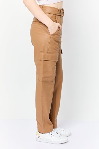 Esprit Women Regular Fit Plain Belted Faux Leather Cargo Pants, Tan