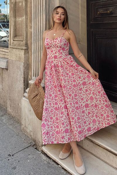 Swist Pink Strap Floral Patterned Women's Midi Dress with Breast Pad