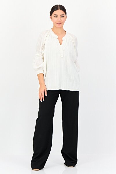 aerie Women Split Neck Long Sleeve Textured Blouse, White