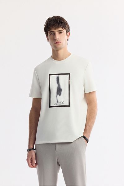 Avva Men's Ecru Crew Neck Printed Bi Stretch Interlock T-Shirt A51Y1029