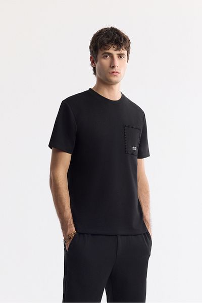 Avva Men's Black Crew Neck Interlock T-Shirt with Seersucker Print Detail A51Y1161