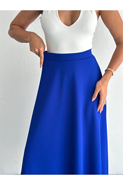 MaxiMor Katın Hijab Suitable Imported Lycra Crepe Fabric Kilos Bell Skirt -Saxs