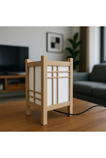 Home Japon Zen Stilinde Mermer-Ahşap Görünümlü Masa ve Gece Lambas