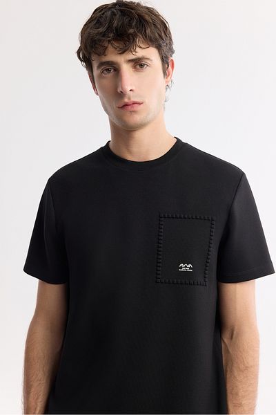 Avva Men's Black Crew Neck Interlock T-Shirt with Seersucker Print Detail A51Y1161
