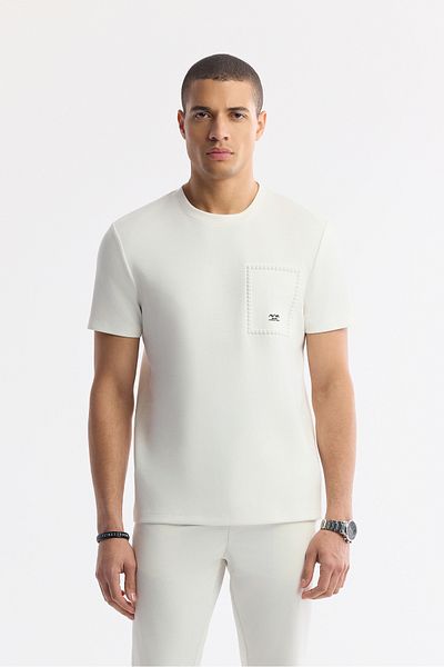 Avva Men's Ecru Crew Neck Interlock T-Shirt with Seersucker Print Detail A51Y1161