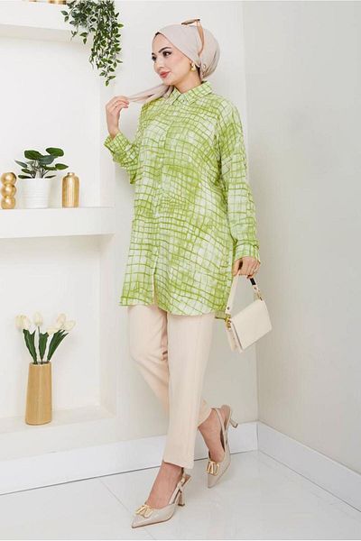 TRENDTESETTÜR Women's Green Cotton Patterned Tunic t 4046