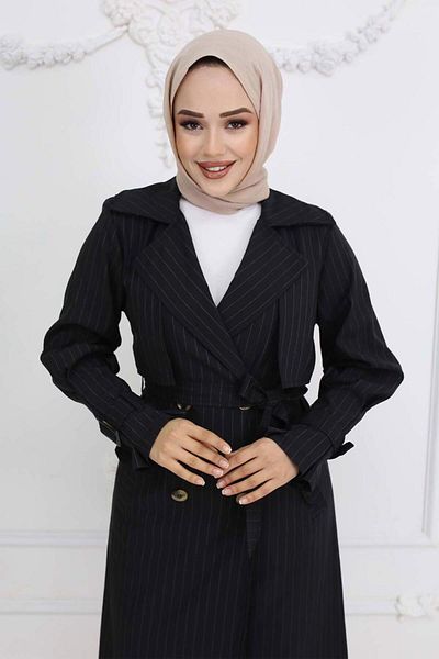 TRENDTESETTÜR Women's Black Belted Striped Trench Coat t 64616