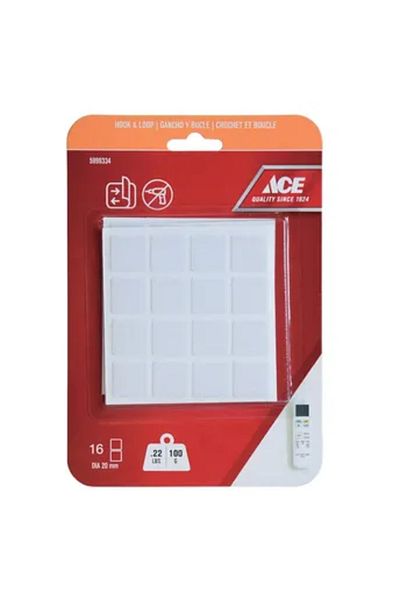 ACE Hook & Loop Mounting Squares (16 Pairs, 2 x 2 cm, White)