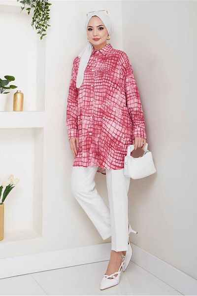 TRENDTESETTÜR Women's Fuchia Cotton Patterned Tunic t 4046