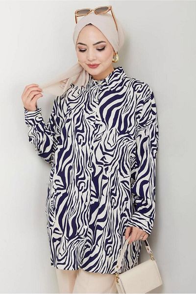 TRENDTESETTÜR Women's Dark Blue Cotton Patterned Tunic t 4042