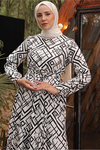 TRENDTESETTÜR Women's White Belt Patterned Dress t 254