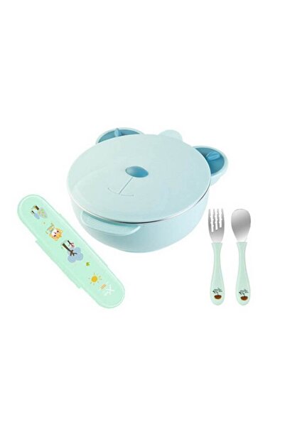 OEM Θερμικό μπολ μωρού, αντιολισθητικό, με διαμερίσματα, σετ μαχαιροπίρουνων, μπλε