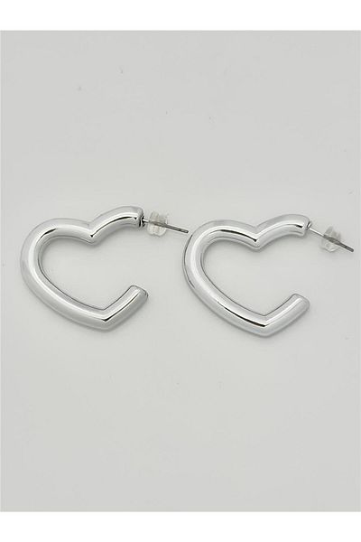NKTCOLLECTİON Women's Silver Heart Shaped Thick Hoop Earrings |   Modern Bijoux Style