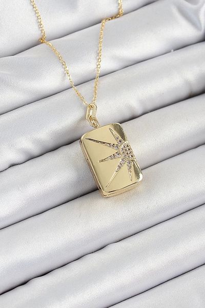 Clariss 316L Steel Openable Rectangular Model Zircon Stone Gold Color Women's Chain Necklace
