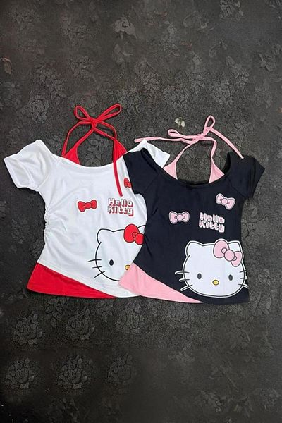 Karakedi Λευκό Hello Kitty με επιπλέον λουράκι Y2K κοντομάνικο Crop