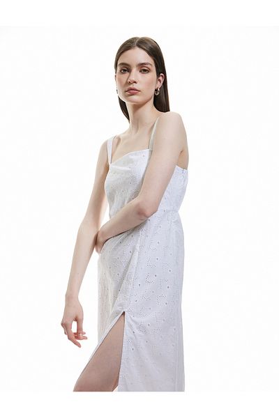 Koton Cotton Slit Detailed Scalloped Embroidered Midi Strap Dress