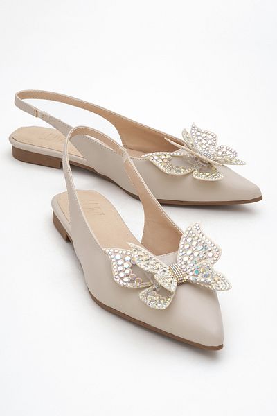 LuviShoes Oriol Beige Skin Butterfly Stone Pointed Toe Open Back Women's Ballerina Shoes