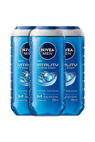 NIVEA MEN Vitality Fresh Shower Gel 3in1, Body Wash Masculine Scent, 250ml, Pack of 3